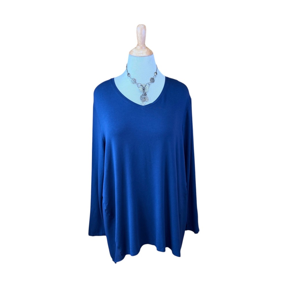 Chico's Navy Blue Mixed Media V-Neck Tunic Top Long Sleeve Size 4 XXL Lagenlook